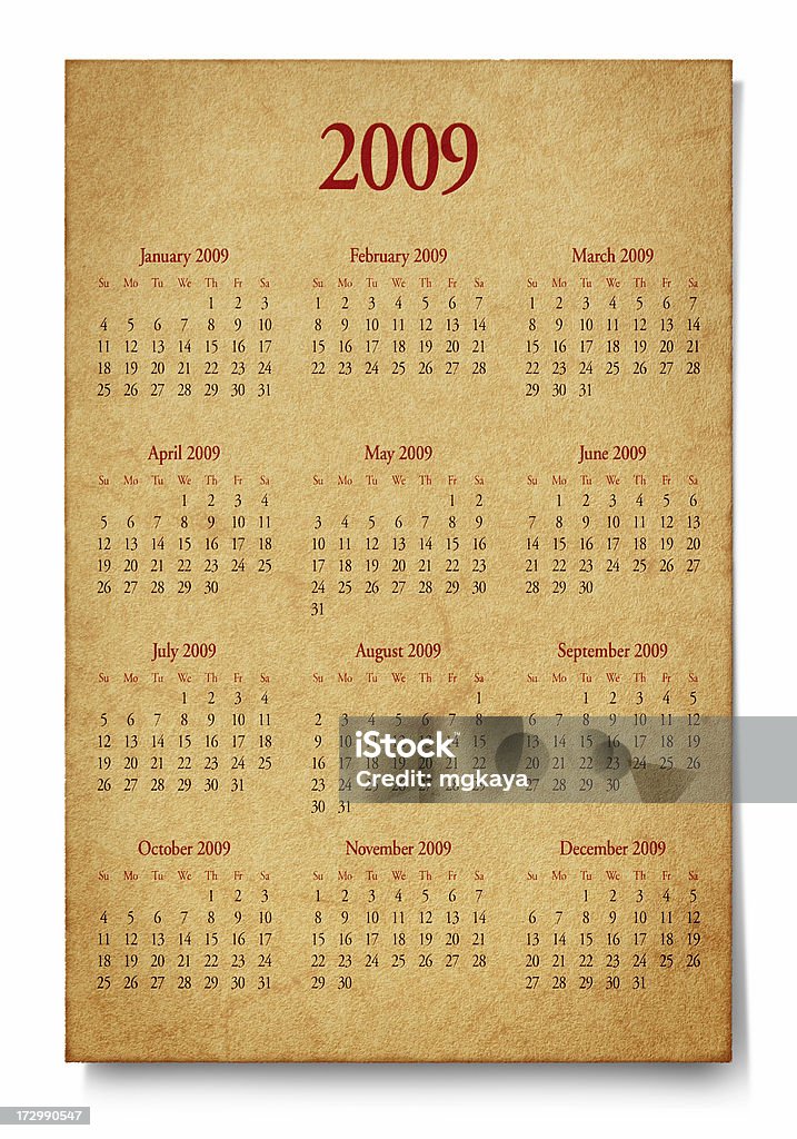 Old Paper Calendar: Year 2009 2009 yearly calendar printed on old paper. Calendar Stock Photo