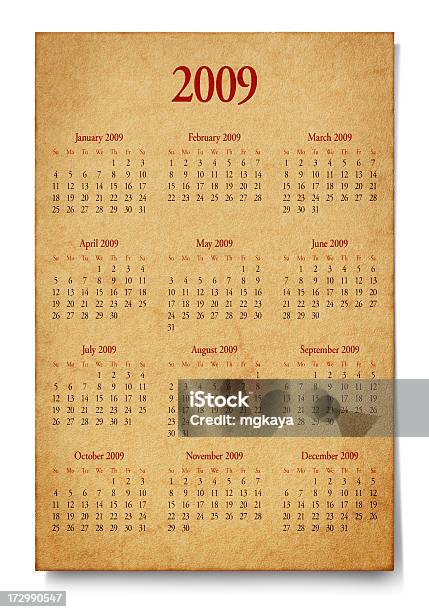 Old Paper Calendar Year 2009 Stock Photo - Download Image Now - Calendar, Old-fashioned, 2009