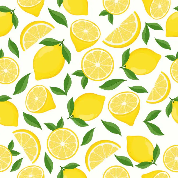 Vector illustration of Tropical seamless pattern with yellow lemons. Fruit repeated background. Vector illustration for design and print