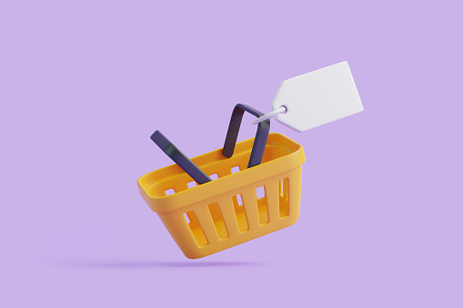 Flying cartoon shopping basket with price tag on purple background. Minimal style grocery shopping cart. 3D render illustration