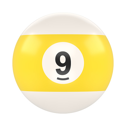 Billiard ball number nine in yellow and white color, isolated on white background. Realistic glossy billiard ball. 3d rendering 3d illustration