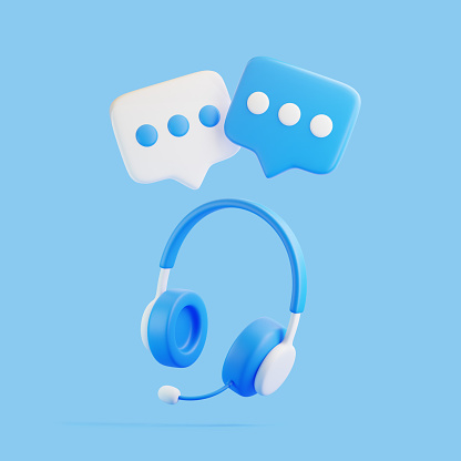 Cartoon headphones with speech bubble message flying on blue background. Call center and online customer support. Minimal creative concept. 3D render illustration