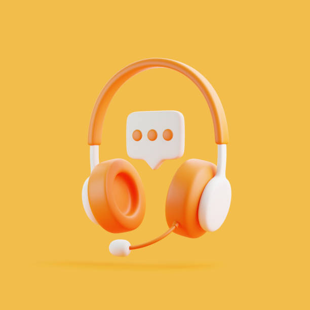 istock Cartoon headphones with speech bubble message flying on orange background 1729913489