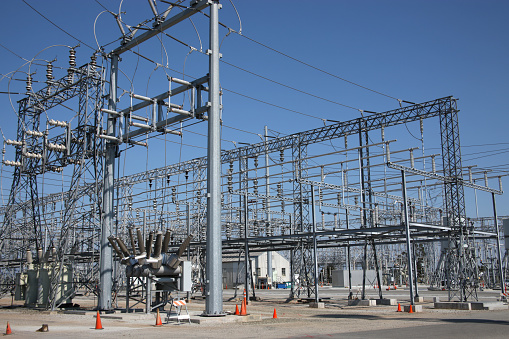 Modern new power station. The equipment used to raise or lower voltage, high voltage power station. Electrical Transformer
