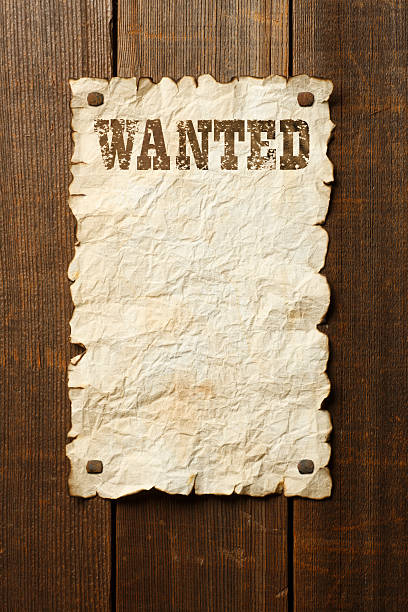 wanted-cartaz em inglês na rústica brown muro - wanted poster paper wild west burnt - fotografias e filmes do acervo