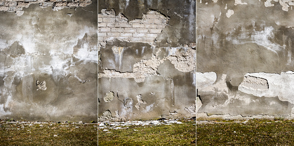 Collection of images with old gray cracked plaster and brick wall. Abandoned exterior urban background