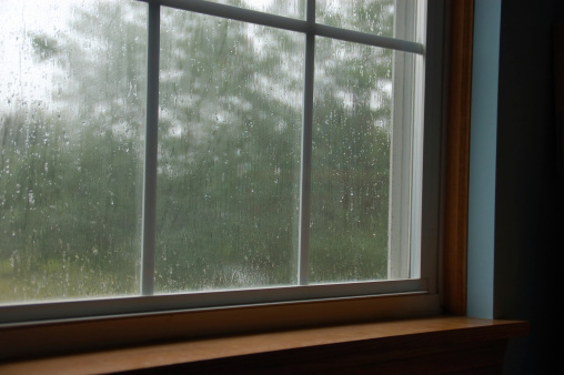 A rainy window. Perspective is from indoors looking out the window.