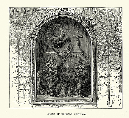Vintage illustration Tomb of Gonzalo Castanon, Gonzalo Castañón Escarano (Mieres, 1834-Key West, 1870) was a Spanish writer and journalist based in Cuba.