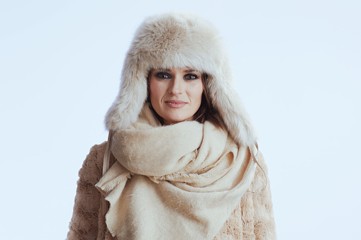 modern woman in winter coat and fur hat isolated on white.