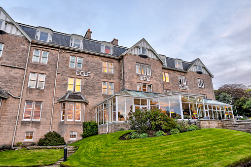 Nairn, Scotland - September 24, 2023: The Golf View Hotel along the shores of the seaside town of Nairn, Scotland