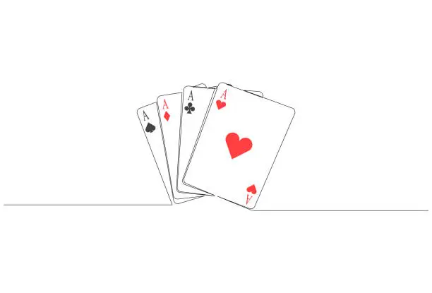 Vector illustration of Single continuous line drawing set of four aces playing cards suits. Four of a kind aces poker hand. Set of heart, clubs, diamonds and spades. Modern one line art style design. Vector illustration.