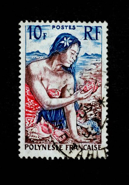 istock Postage Stamp: Young Woman looking for Sea Shells (French Polynesia) 172995768