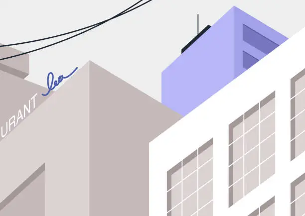 Vector illustration of A close-up image of a downtown district characterized by office buildings and vibrant neon signs