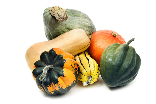 Small decorative pumpkin isolated on white background. Top view.