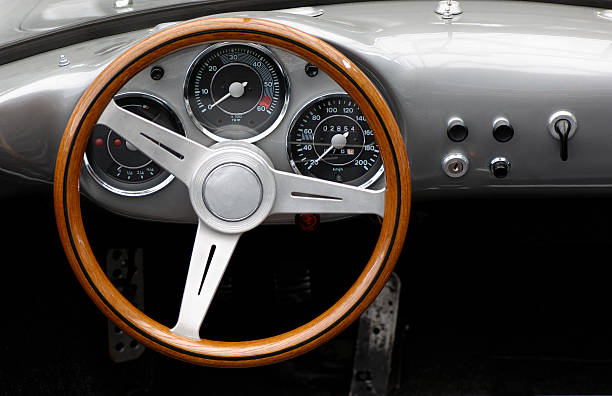 Steering wheel Dashboard of a retro sports car. vintage steering wheel stock pictures, royalty-free photos & images