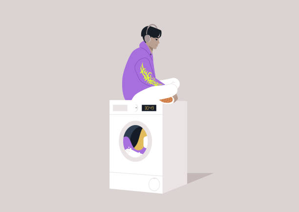 A youthful character in a hoodie, wearing oversized headphones, seated atop a washing machine while patiently awaiting the completion of their laundry A youthful character in a hoodie, wearing oversized headphones, seated atop a washing machine while patiently awaiting the completion of their laundry laundromat waiting stock illustrations