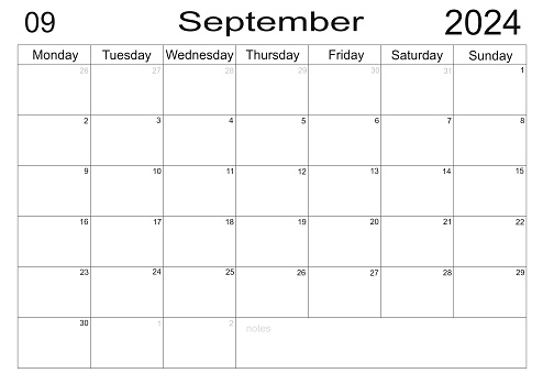 Business planner. Calendar September 2024 schedule with blank note for to do list on paper background. Planner September 2024. Empty cells of planner. Monthly organizer. Calendar 2024