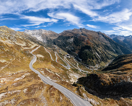 Sustenppass, Switzerland - August 13, 2021: The Susten Pass (2224 m high) connects the Canton of Uri with the Canton of Bern. The pass road is 45 km long and is one of the newer ones in the Swiss Alps.