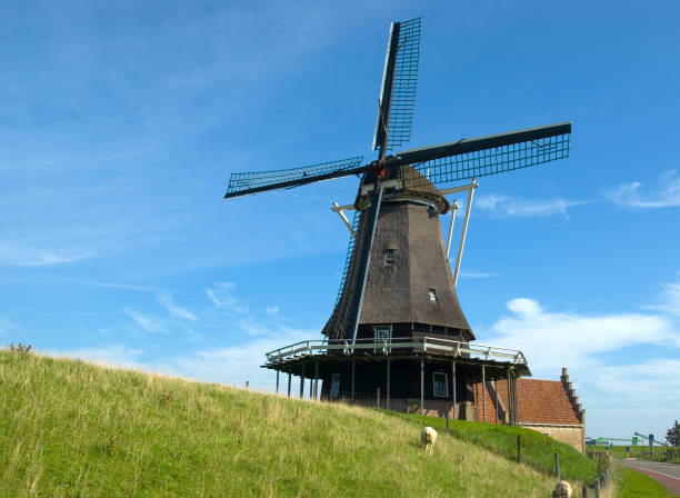 moulin à vent avec house de medemblik (pays-bas) contre ciel bleu - polder windmill space landscape photos et images de collection