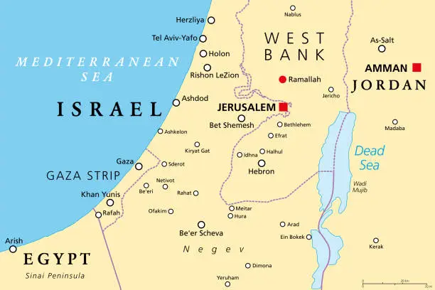 Vector illustration of Part of the Southern District of Israel, political map, with the Gaza Strip