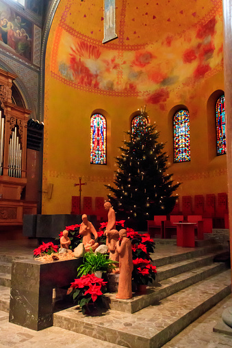 Christmas decor inside the Trinity church (Dreifaltigkeitskirche) in Bern, Switzerland