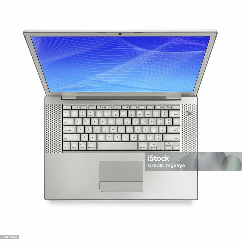 Top View of Silver Laptop Portable computer (laptop) shot from the top. Isolated on white background.The entire object is in focus. Computer Keyboard Stock Photo