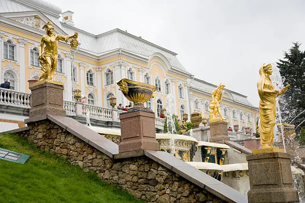"Grand Cascade and fountains at Peterhof near St. Petersburg, Russia."