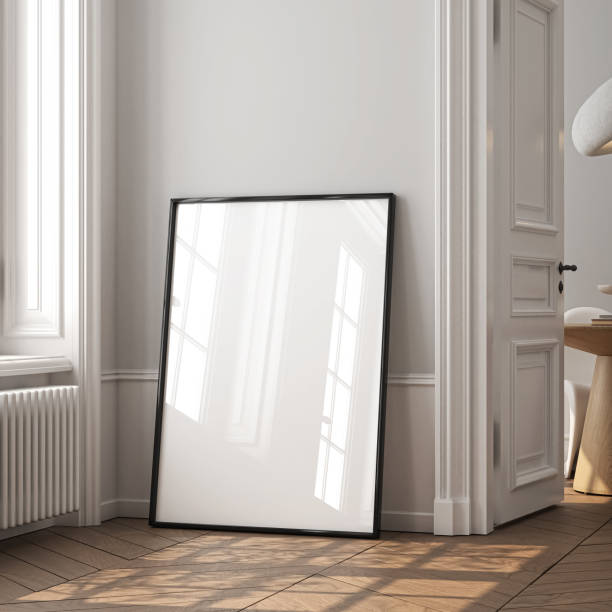 Frame mockup, single vertical ISO A paper size, reflective glass, mockup poster on the wall of living room. Interior mockup. Apartment background. Modern interior design. 3D render