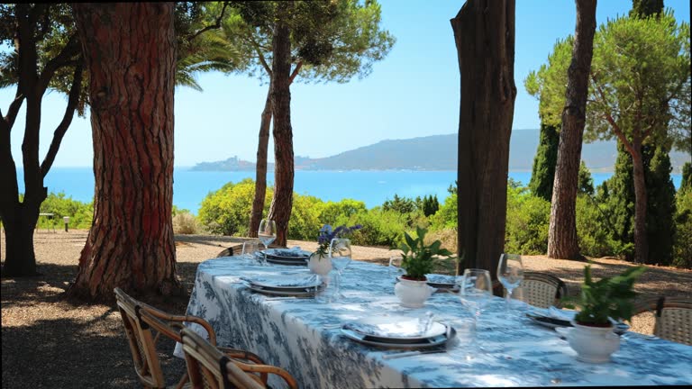 Outdoor lunch table setting by the sea