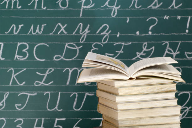 Books in front of a Blackboard