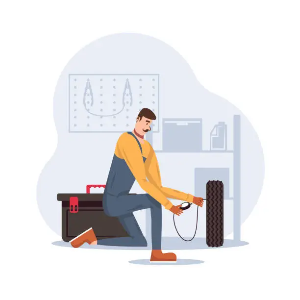 Vector illustration of Mechanic standing near wheel, holding instrument and checking air pressure in tires