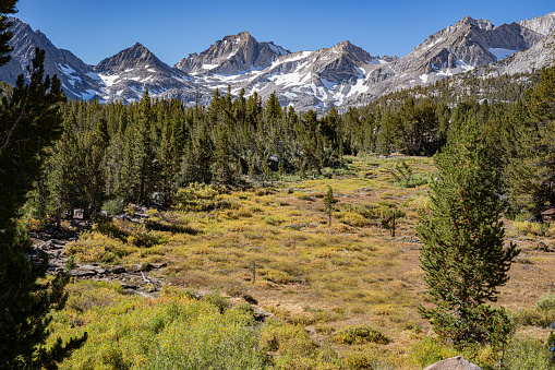 LIttle Lakes Valley in the John Muir Wilderness Area of the Sierra Nevada Mountains in California. Subalpine area. Autumn. Granite mountains  around the valley.