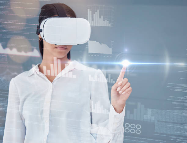 istock Woman, VR glasses and press overlay screen for digital data analytics, metaverse and software hologram in studio. Business person with fingerprint glow for gdpr in virtual reality on gray background 1730042895