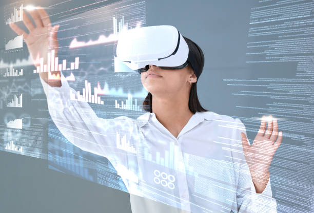 istock Woman, glasses and virtual reality overlay of digital data analytics, metaverse screen or 3d hologram in studio. Professional person for graphs, charts or statistics in VR software on gray background 1730042898