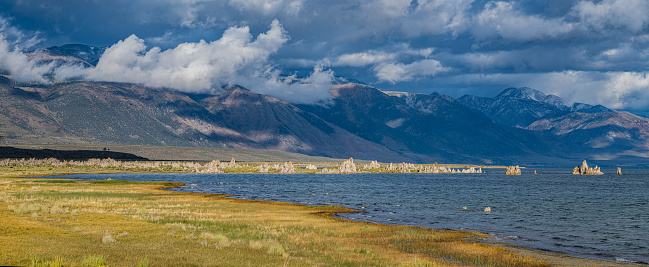 Tufa towers at the edge of Mono Lake; Mono Lake Tufa State Reserve; Mono Basin National Scenic Area; Mono Basin; Mono Basin National Forest Scenic Area. Limestone towers of calcium carbonate. Mono Lake tufa.