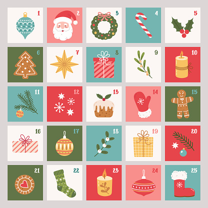 Christmas Advent calendar with hand drawn holiday elements and decoration. Xmas Poster. Vector flat illustration.