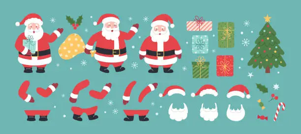 Vector illustration of Santa Claus constructor set. Happy old character with white beard in red costume with various emotion, pose and gesture. Christmas elements. Flat vector illustration.