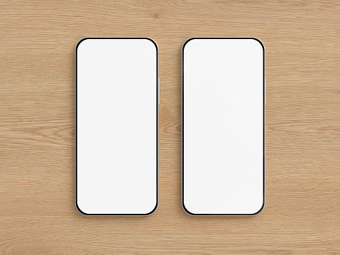 Two blank screen smartphones mockup on wooden background. 3d illustration