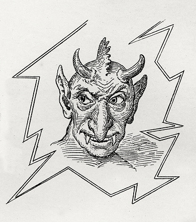 Vintage engraving of a horned devil. Engraving from 1880s photo by D Walker