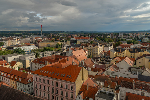 View from big old historic tower in cloudy summer day in Ceske Budejovice CZ 09 19 2023