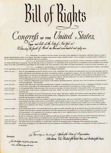 A copy of the original US Bill of Rights document outlining the 10 amendments to the US Constitution.  Note this replica is of the original proposed 12 amendments, the first two of which were not ratified.  So the third article is actually the first amendment right to freedom of speech.