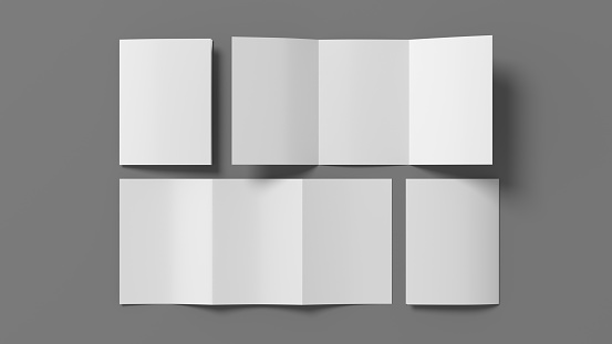 Vertical A5 trifold roll brochure booklet mockup on gray background. 3D illustration