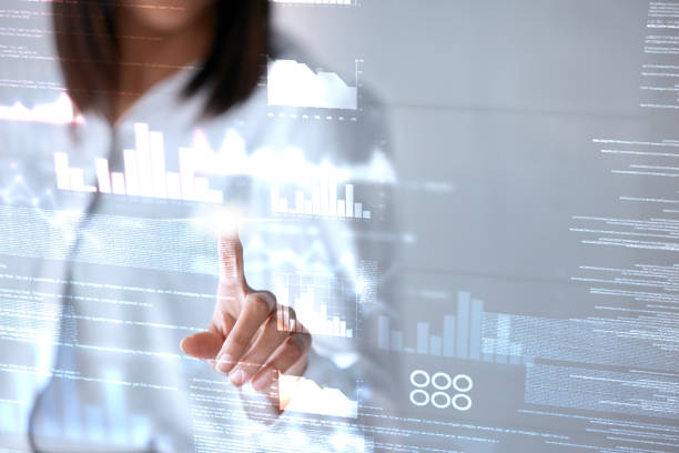 istock Woman hand, press screen and digital overlay for biometric information, business data analytics or cybersecurity software. Worker with fingerprint glow on graphs, charts and gdpr marketing technology 1730071385