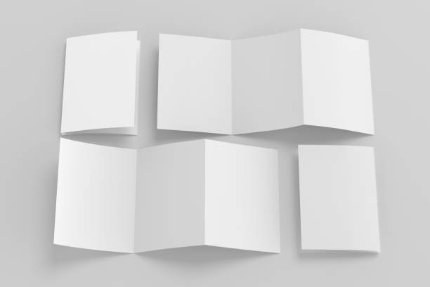 Vertical A5 pages accordion or zigzag trifold brochure mockup on white background. Three panels, six pages leaflet