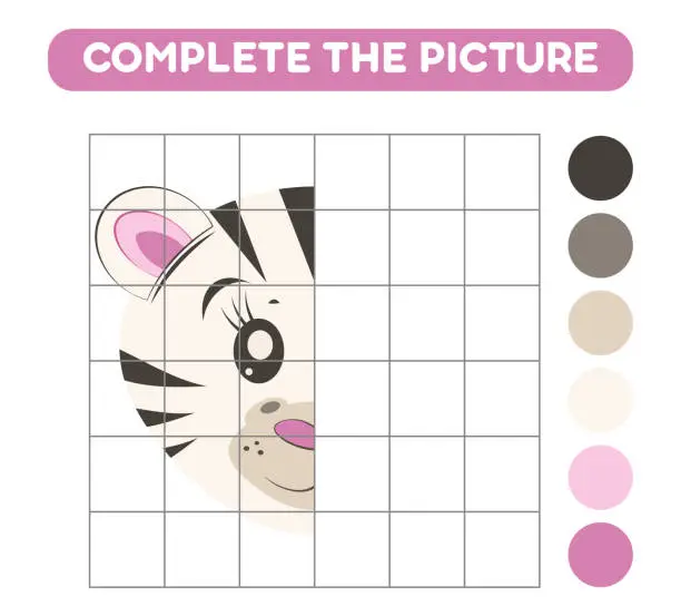 Vector illustration of Complete the picture of cute cartoon zebra. Educational worksheets for kids.