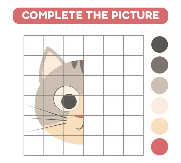 Vector illustration of Complete the picture of cute cartoon cat. Educational worksheets for kids.