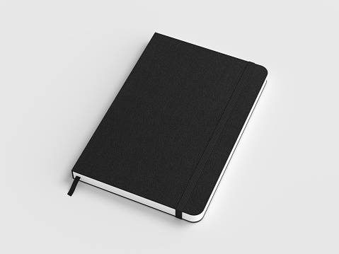 Black cover notebook mockup on white background. 3d illustration