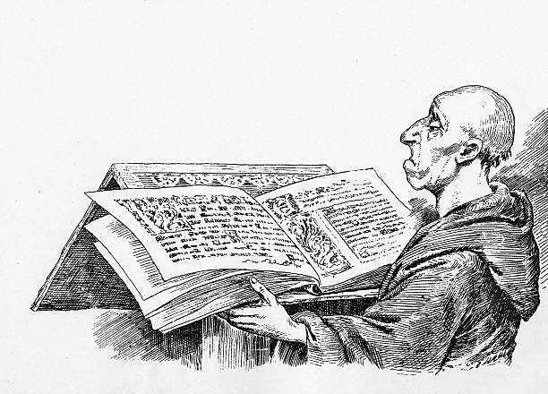 Monk reading "Vintage engraving of an old monk reading a large illuminated bible. engraving from 1887, photo and restoration work by D Walker" Abbey stock illustrations