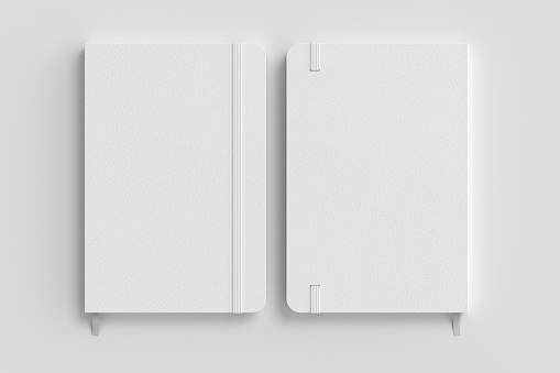 White cover notebook mockup on white background. Front and back view of the notebook cover.  3d illustration