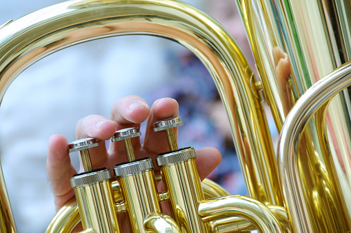 The fingers of a professional tuba player in action on the valves.